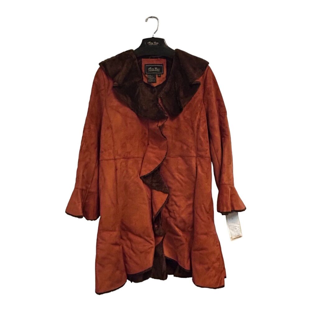 90s Terry Lewis Classic Luxuries Burnt Orange Coat Faux Suede/Fur Trim Women’s M